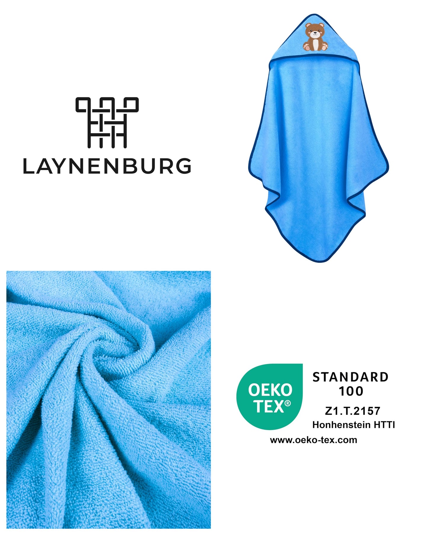 LAYNENBURG Premium Kapuzenhandtuch Baby - Badehandtuch aus 100% Baumwolle - Oeko TEX - Handtuch mit Kapuze für Neugeborene & Kinder - Badetuch, Babyhandtuch Mädchen, Jungen (Waschbär 80 x 80cm)