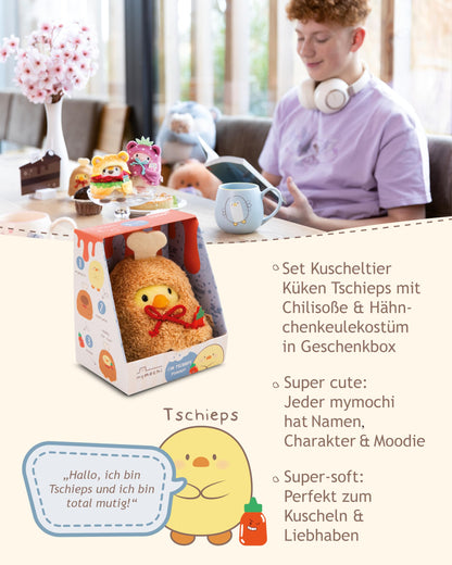 NICI Kuscheltier Küken Tschieps 8cm mit Chilisoße & Hähnchenkeulekostüm in Geschenkbox - gelb - Stofftier aus weichem Plüsch, Plüschtier zum Kuscheln und Spielen, für Kinder & Erwachsene - 61653