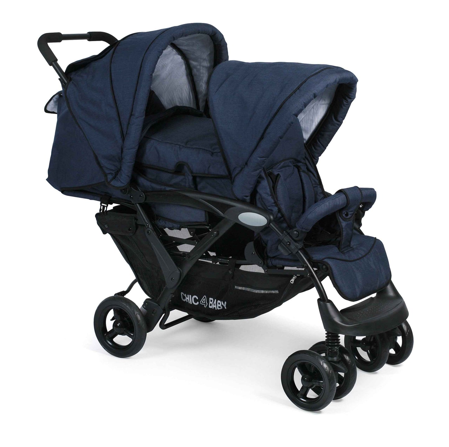 CHIC 4 BABY - Geschwisterwagen DUO mit Tragetasche und Regenschutz, Geschwisterkinderwagen für zwei Kinder, Zwillingswagen, Zwillingsbuggy, Tandemkinderwagen, Tandembuggy, Kinderwagen, Jeans grau