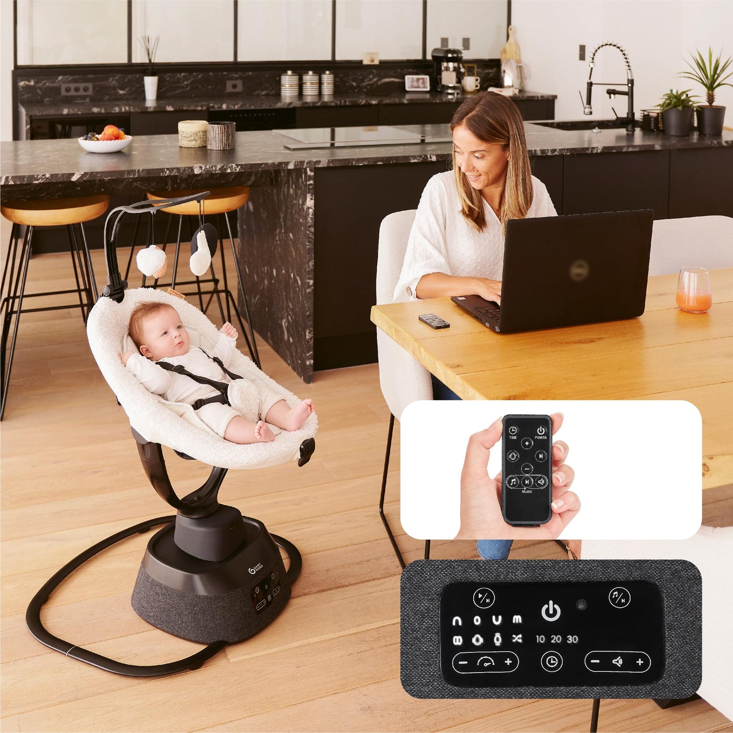 Babymoov Baby Swing Swoon Evolution Curl White - Electric Baby Rocker with 8 Rocking Movements, 360° Rotating Seat, 12 Melodies 