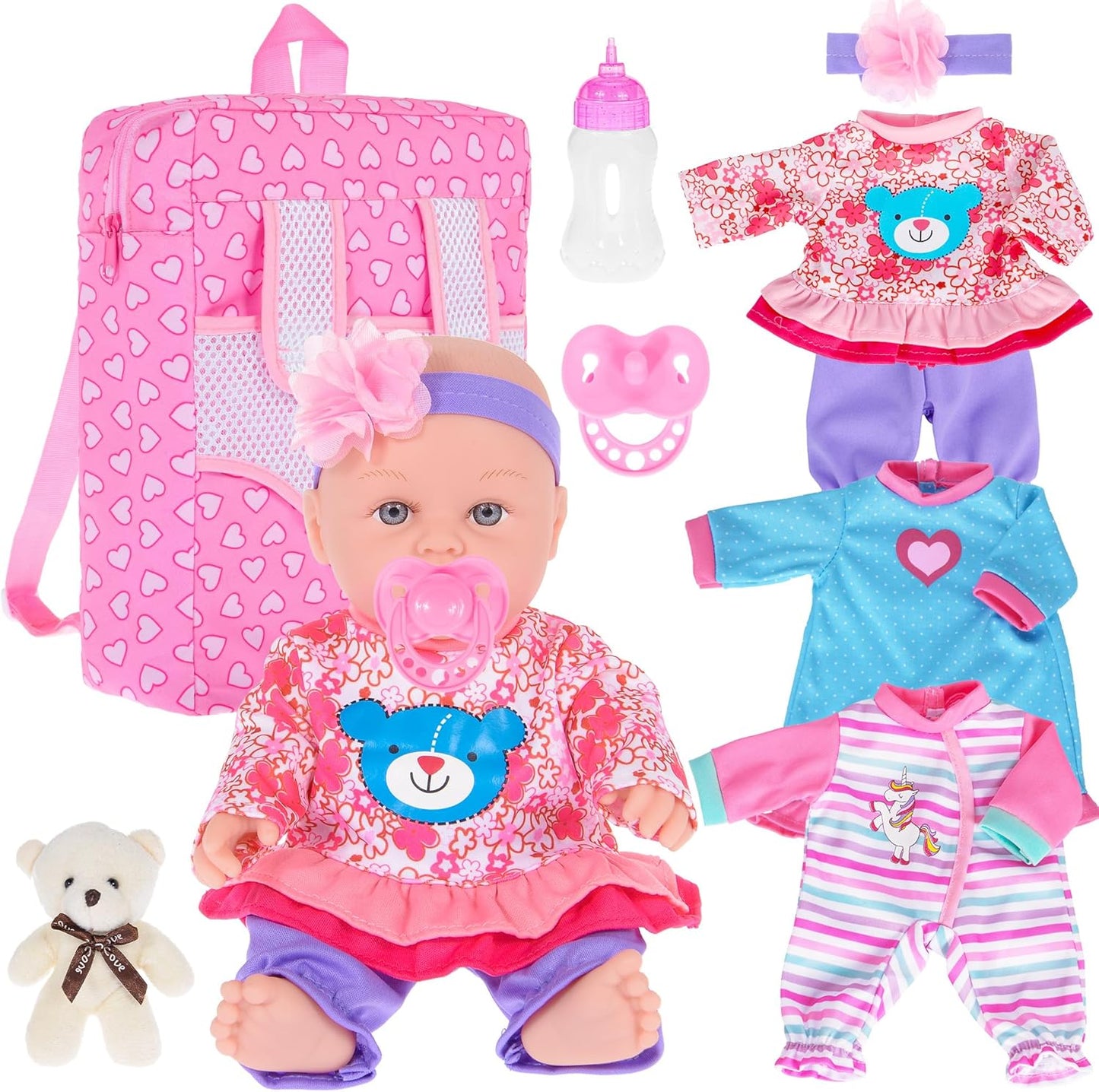 30cm / 12 Zoll Baby Puppe mit Backbag, DREI Kleidung Set, Brustwarze, Futterflasche und EIN Spielzeugbär (inklusive Puppe)