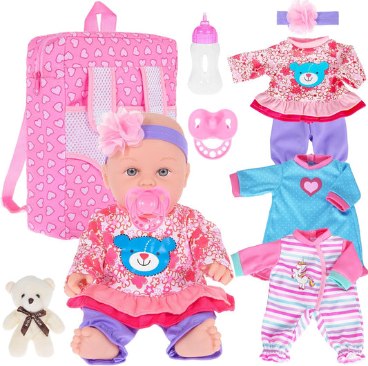 30cm / 12 Zoll Baby Puppe mit Backbag, DREI Kleidung Set, Brustwarze, Futterflasche und EIN Spielzeugbär (inklusive Puppe)