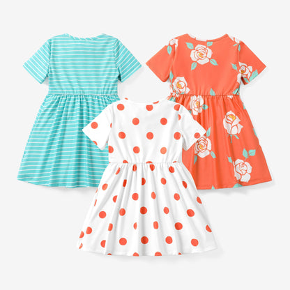 PATPAT Mädchen Kleid Set, Packung mit 3 Sommerkleider mit Kurzen Ärmeln und Rüschen in 3 verschiedenen Prints, Hochzeit Geburtstag Party Bankett Urlaub, Prinzessin Kleider für Mädchen 2-7 Jahre