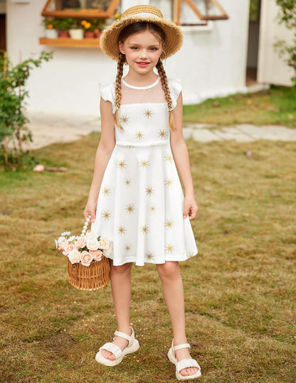 Arshiner Girls Dress Summer Dress Ruffle Short Sleeve Mesh A Line Casual Party Dresses with Pockets Kids Dresses for 6-13 Years 