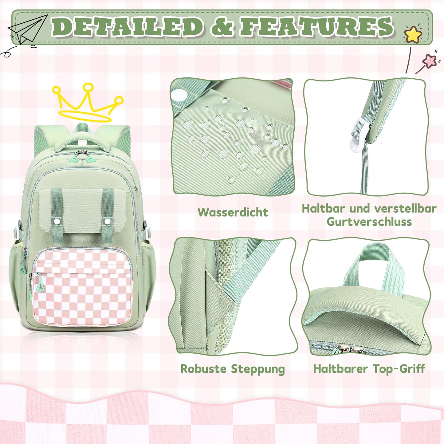 Rucksack mädchen 22L ergonomisch mit reflektierenden Streifen | Wasserdichtes Karogewebe, atmungsaktives 3D-Rückenpolster, zahlreiche getrennte Fächer, passend für 15,6-Zoll-Laptops