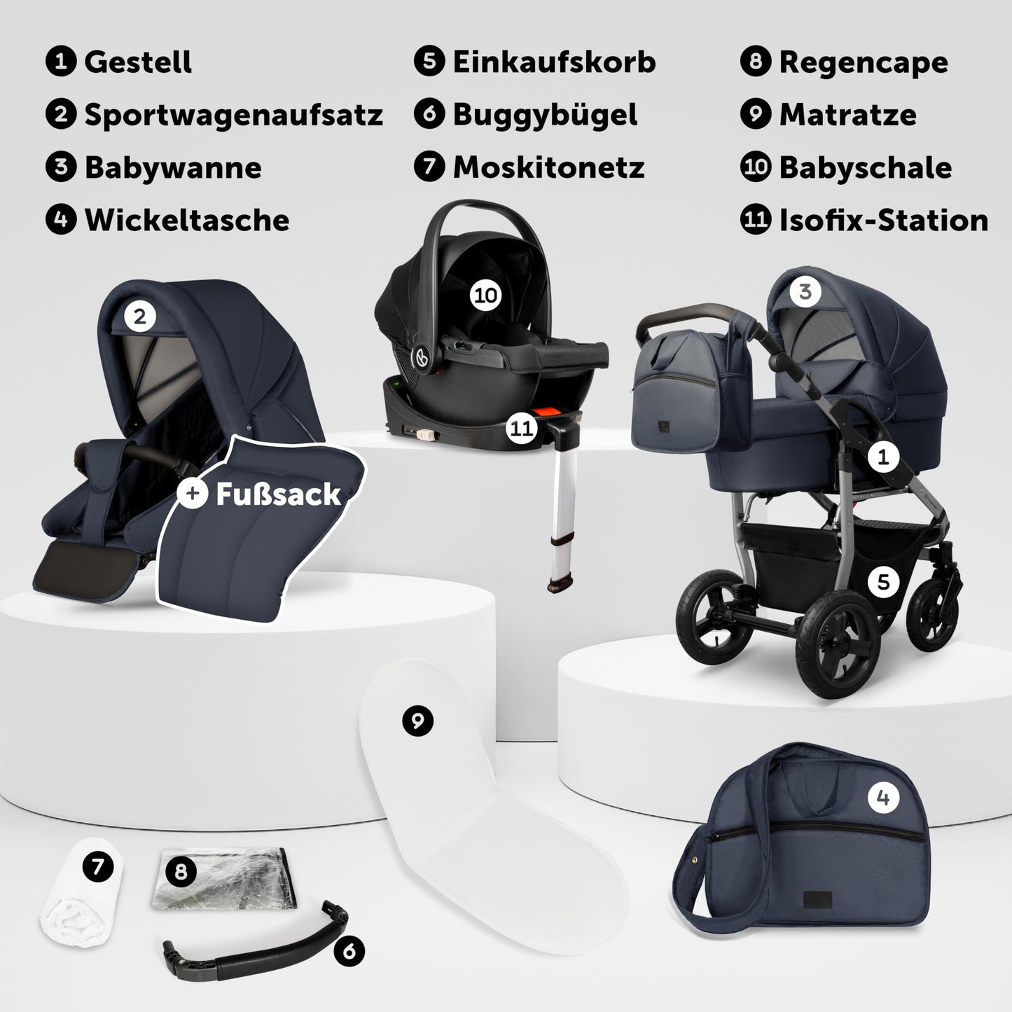 Bergsteiger Capri 3-in-1 Combination Pushchair - Baby Carrier, Sports Seat & i-Size Baby Seat, Pneumatic Tyres, Suspension, Height-Adjustable Handle, Foldable, Accessories