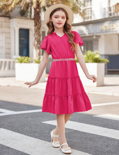 Arshiner Mädchen Kleid Festliches Rüschenärmel Sommerkleider V-Ausschnitt Partykleid Swiss Dot Stufenkleid Kinder A-Linie Swing Kinderkleid mit Tasche 3-12 Jahre
