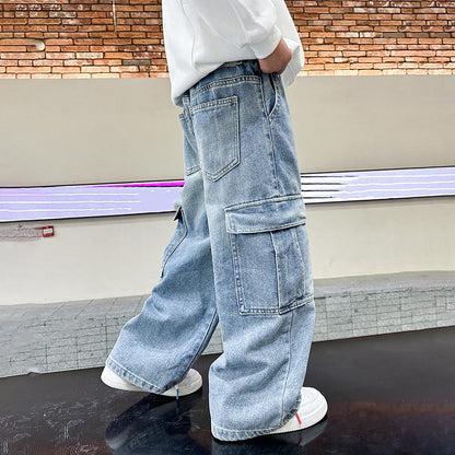 Children's Baggy Jeans Boys Wide Leg Jeans Loose Fit Denim Vintage Trousers Casual Wide Leg Jeans Streetwear Outdoor Vintage Loose Fit Baggy Jogging Bottoms Boys Black Trousers Cargo Trousers Pants