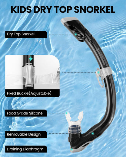 OutdoorMaster Marlin Children's Snorkel Set, Adjustable Strap, Dry Top Diving Mask, Anti-Fog Snorkel Mask, Children's Swimming Goggles for Boys and Girls, Age 4-14