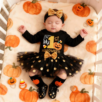 Baby Girl Halloween Outfit, My First Halloween Baby Girl Clothing, Halloween Outfit Baby, Newborn Halloween Baby Pumpkin Romper + Tutu Skirt + Leg Warmer + Headband, Baby Clothing Halloween