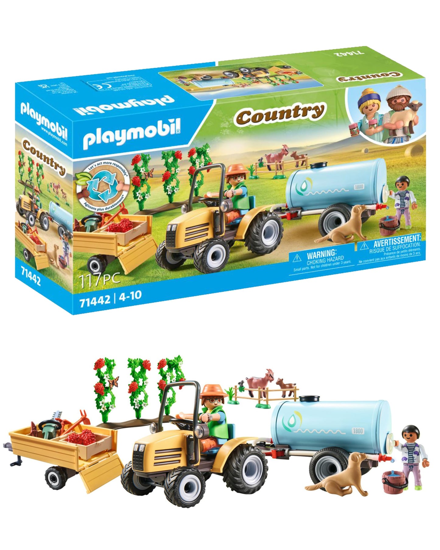 PLAYMOBIL Country 71442 Traktor mit Anhänger und Wassertank, frische Ernte auf dem Bauernhof, spielerisches Lernen über die Umwelt, nachhaltiges Spielzeug für Kinder ab 4 Jahren