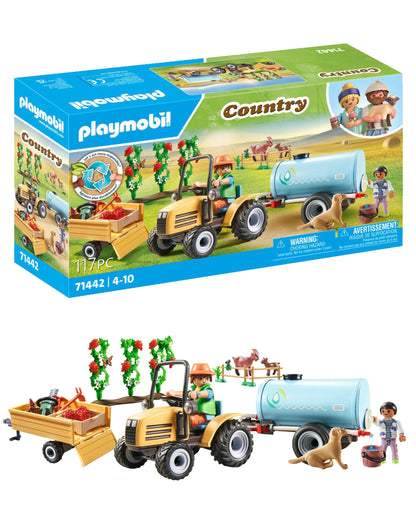 PLAYMOBIL Country 71442 Traktor mit Anhänger und Wassertank, frische Ernte auf dem Bauernhof, spielerisches Lernen über die Umwelt, nachhaltiges Spielzeug für Kinder ab 4 Jahren