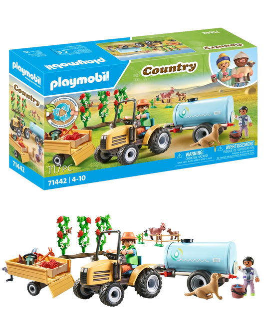 PLAYMOBIL Country 71442 Traktor mit Anhänger und Wassertank, frische Ernte auf dem Bauernhof, spielerisches Lernen über die Umwelt, nachhaltiges Spielzeug für Kinder ab 4 Jahren