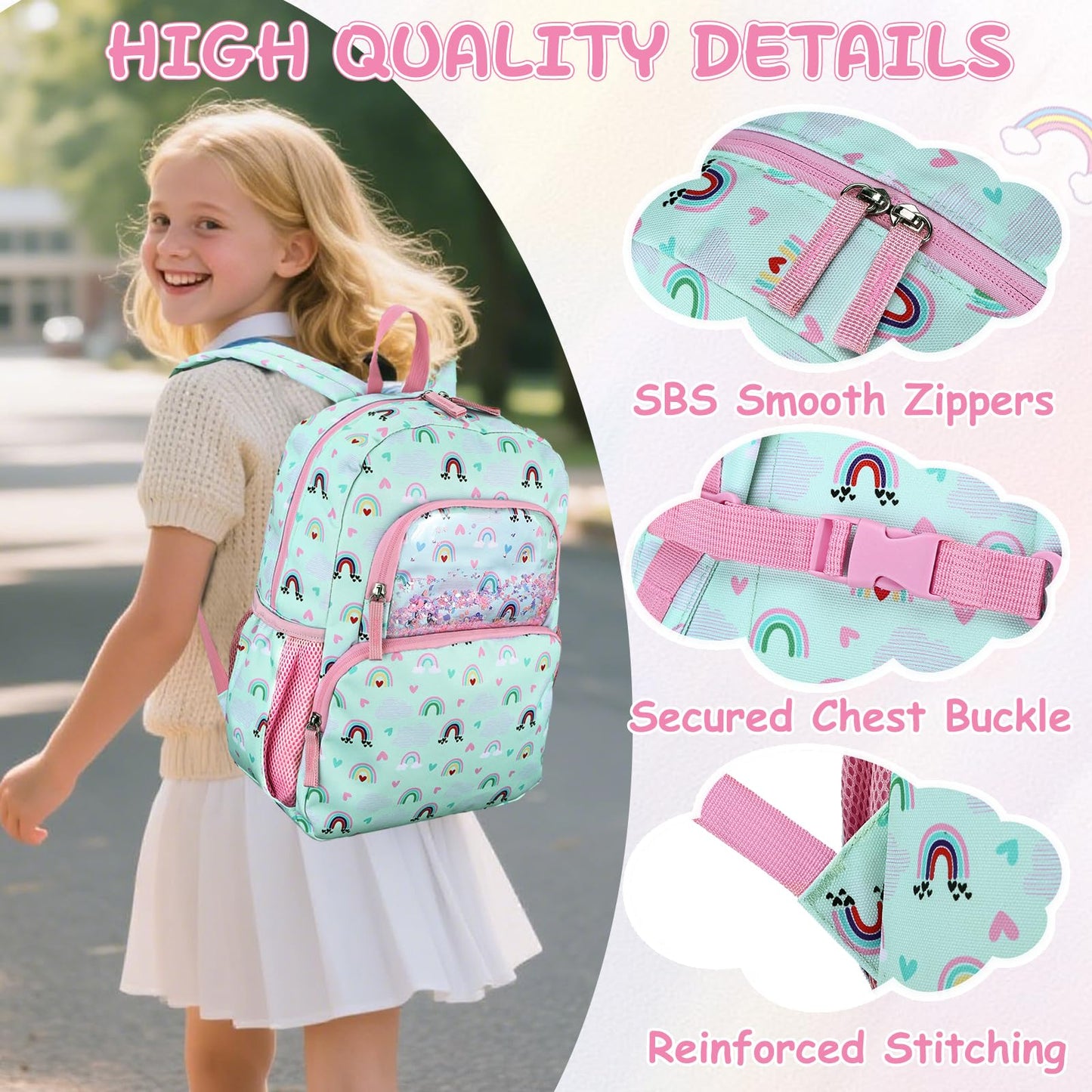 Kinderrucksack für Mädchen 5–8 Jahre, 12L Leichter & Wasserabweisender mit Brustgurt, Perfekt für Vorschule & Grundschule，Regenbogen