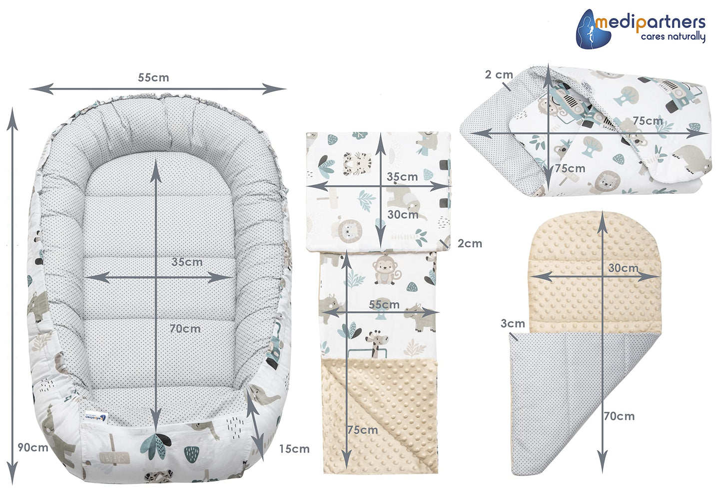 Medi Partners Babynestchen Babynest Set 100x60x15 Kuschelnest 5 teilig herausnehmbarer Einsatz Kokon Nestchen Babys Neugeborene 100% Baumwolle (REH mit Grauem Minky)