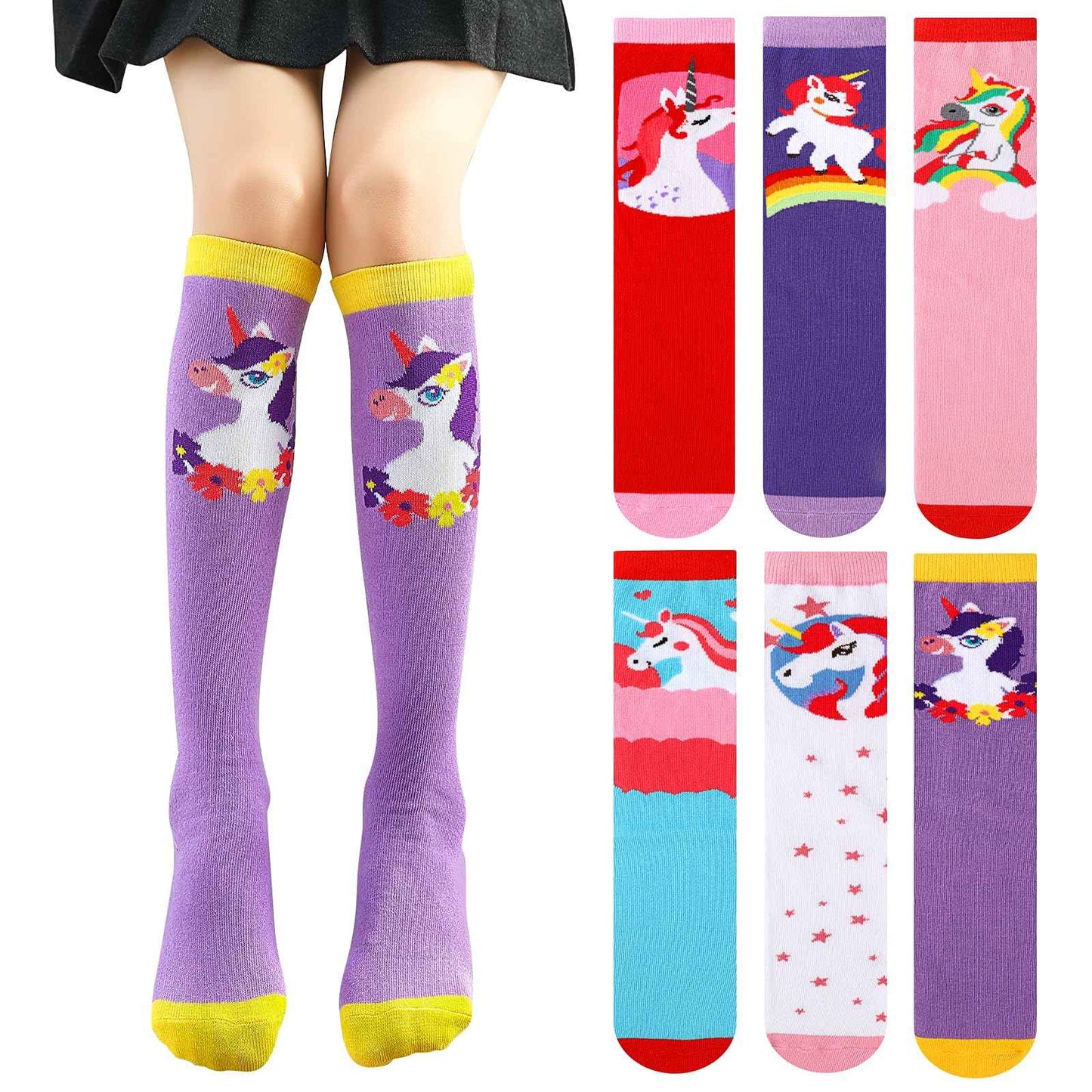 PHOGARY 6 Pairs of Knee Socks for Girls, Cute Socks Colourful Socks Children, Warm Knee Socks Children, Medium Calf Length, Long Knee Socks Girls from 3 to 12 Years, One Size