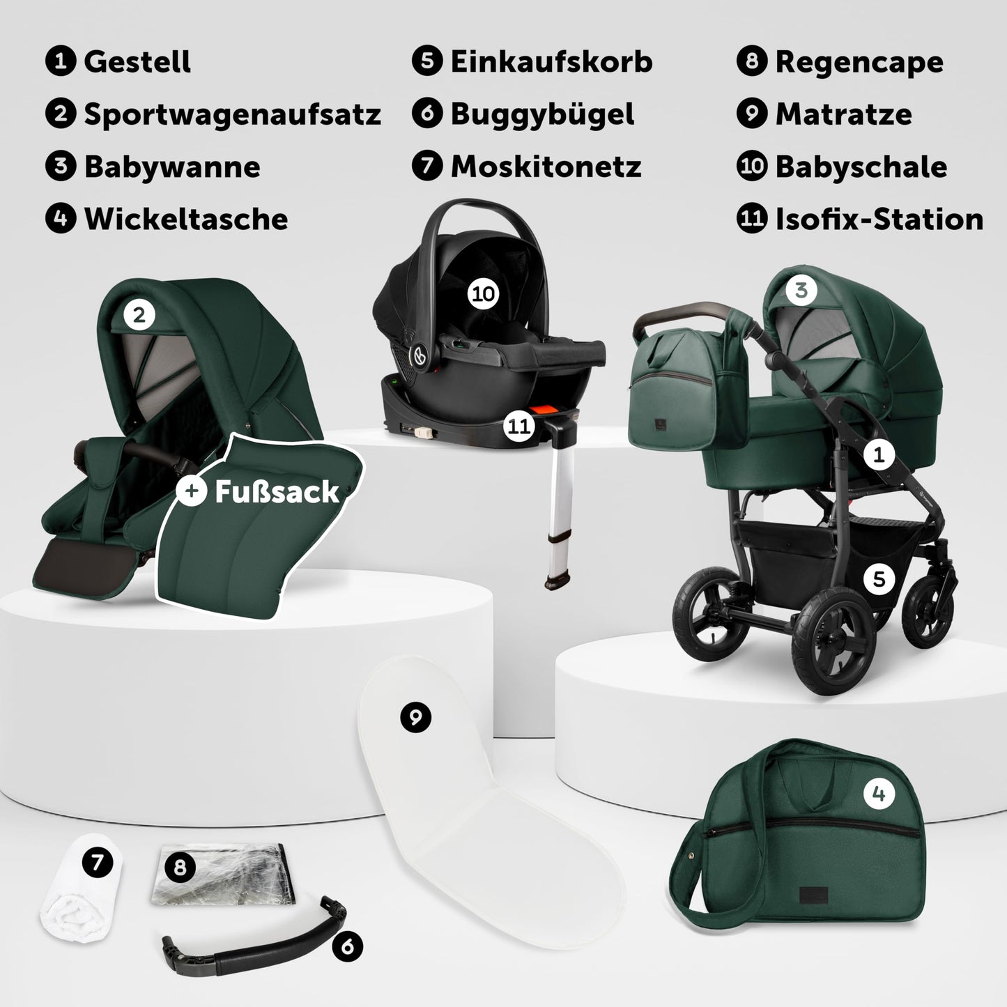 Bergsteiger Capri 3-in-1 Combination Pushchair - Baby Carrier, Sports Seat & i-Size Baby Seat, Pneumatic Tyres, Suspension, Height-Adjustable Handle, Foldable, Accessories