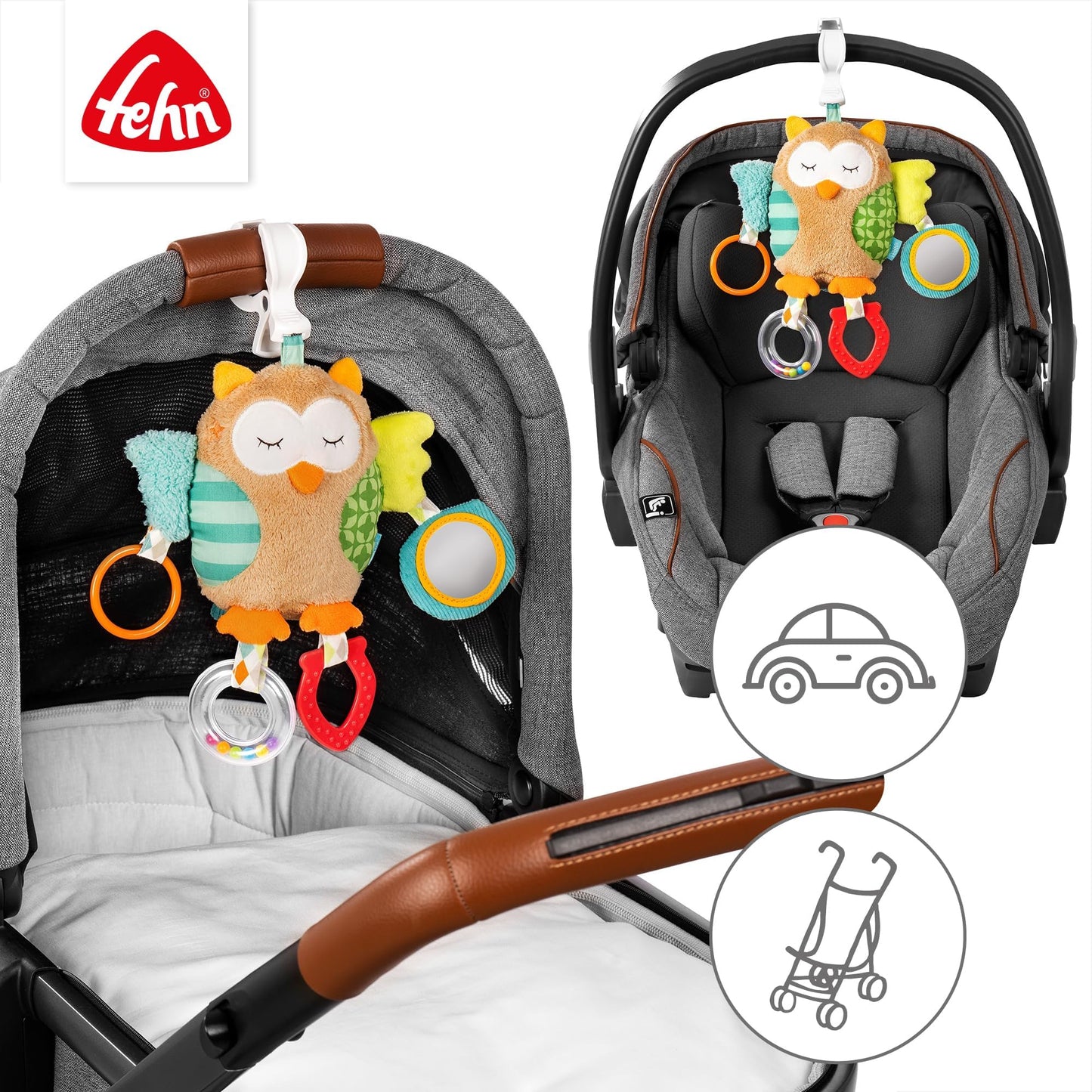 Fehn Activity-Spieltier Teddy – Baby Motorikspielzeug für Kinderwagen, Kinderbett und Babyschale zum Beißen, Greifen und Geräusche erzeugen – Beißring Spielzeug für Babys und Kinder ab 0+ Monaten