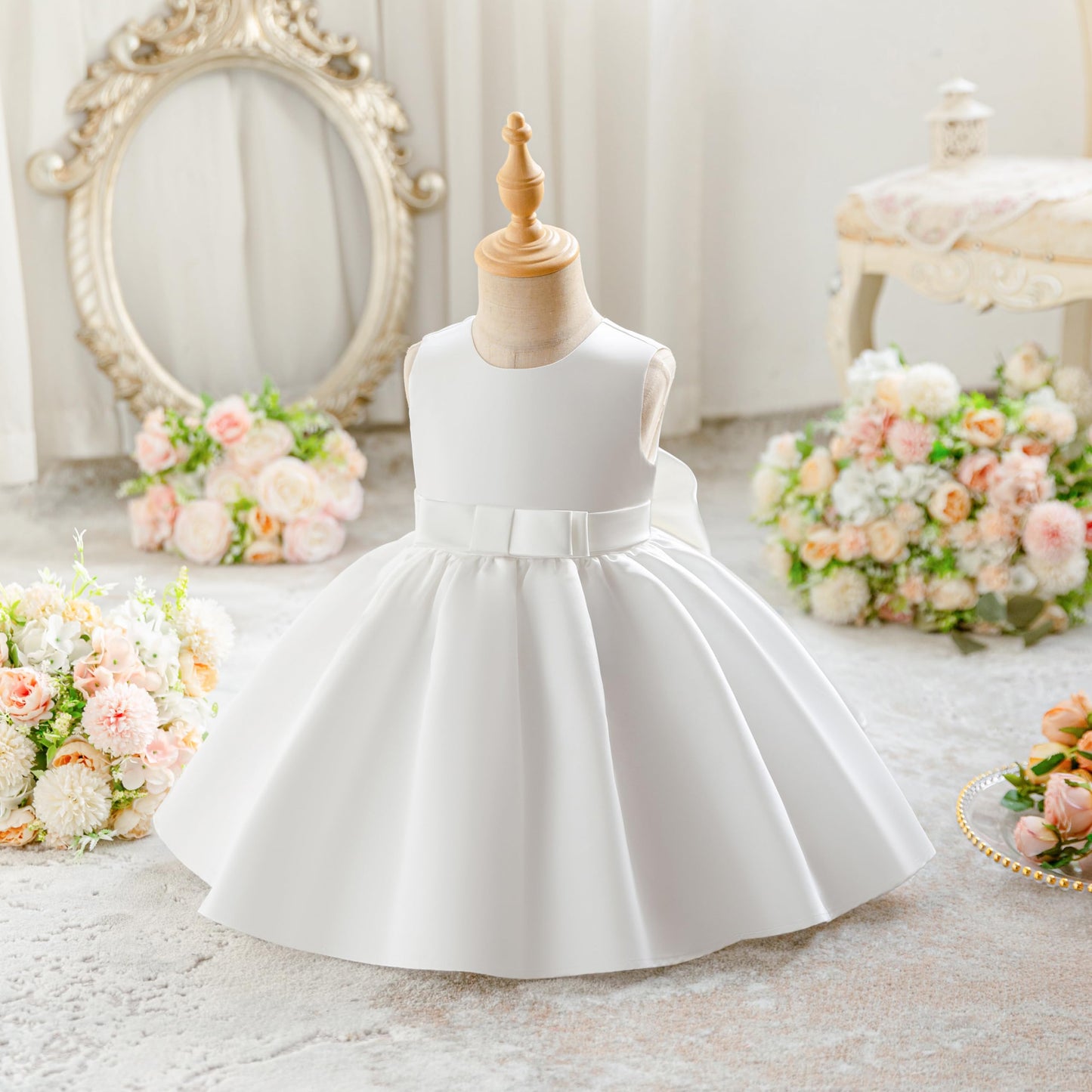 Baby Mädchen Kleid Satin Bowknot A-Linie Taufe Kleid Ärmellos Kleinkind Prinzessin Geburtstag Kleider Kinder Hochzeit Blumenmädchen Kleid Festliche Party Kleid
