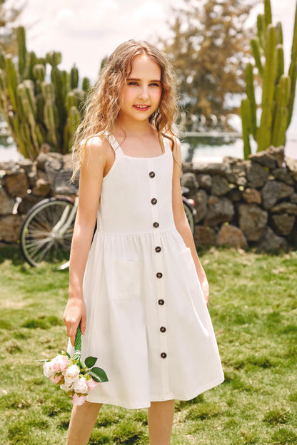 Arshiner Mädchen Kleider Ärmelloses Kinderkleid Knopfleiste Trägerkleid Sommer Baumwolle Swingkleid Festliches A-Linie Freizeitkleid Elegant Kleid für Mädchen 5-14 Jahre