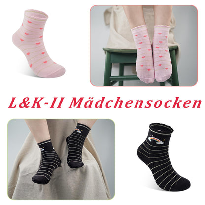 L&K-II 10/12 Paar Kinder Mädchen Socken mit niedlichen Herzmustern Kids Füßlinge Sneakersocken bunt 2825