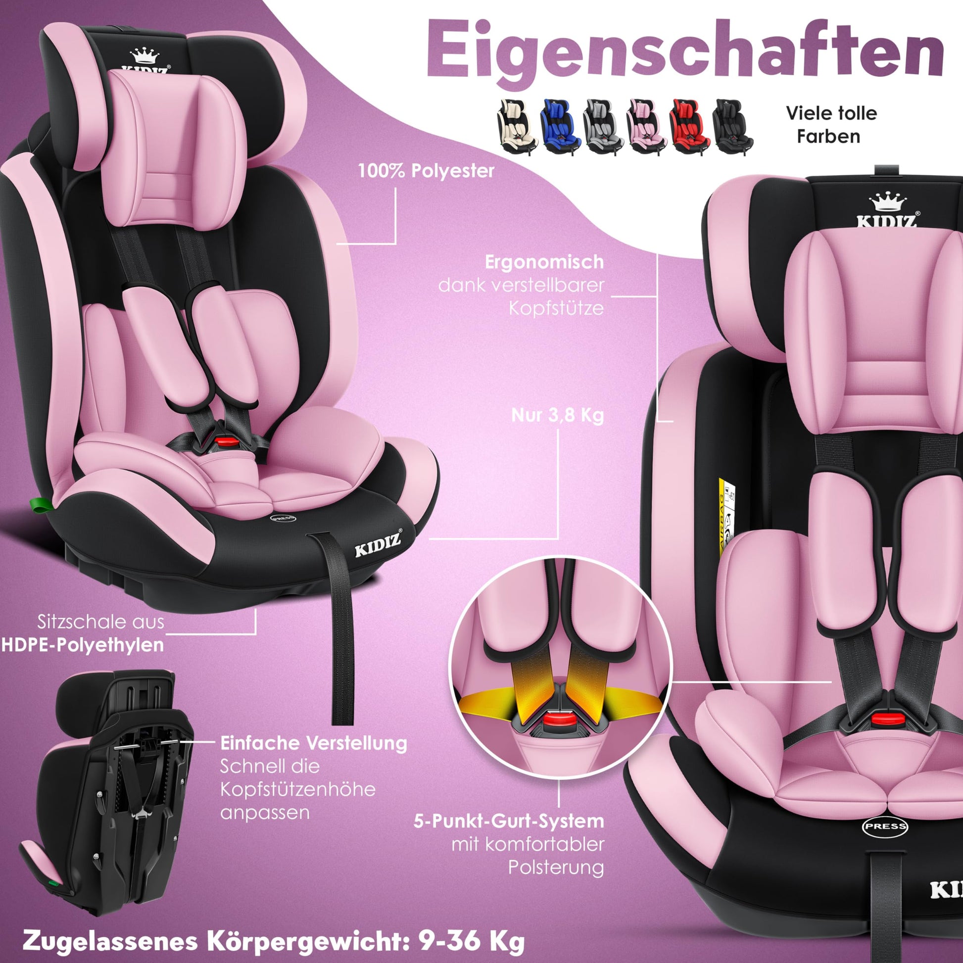 KIDIZ® Autokindersitz Kinderautositz Gruppe 1+2+3 9-36 kg 5-Punkt-Sicherheitsgurt, Autositz, Kindersitz, Einstellbare Kopfstütze, Mitwachsende Sitzerhöhung 1-12 Jahre, Stabil und Sicher - Meloni2