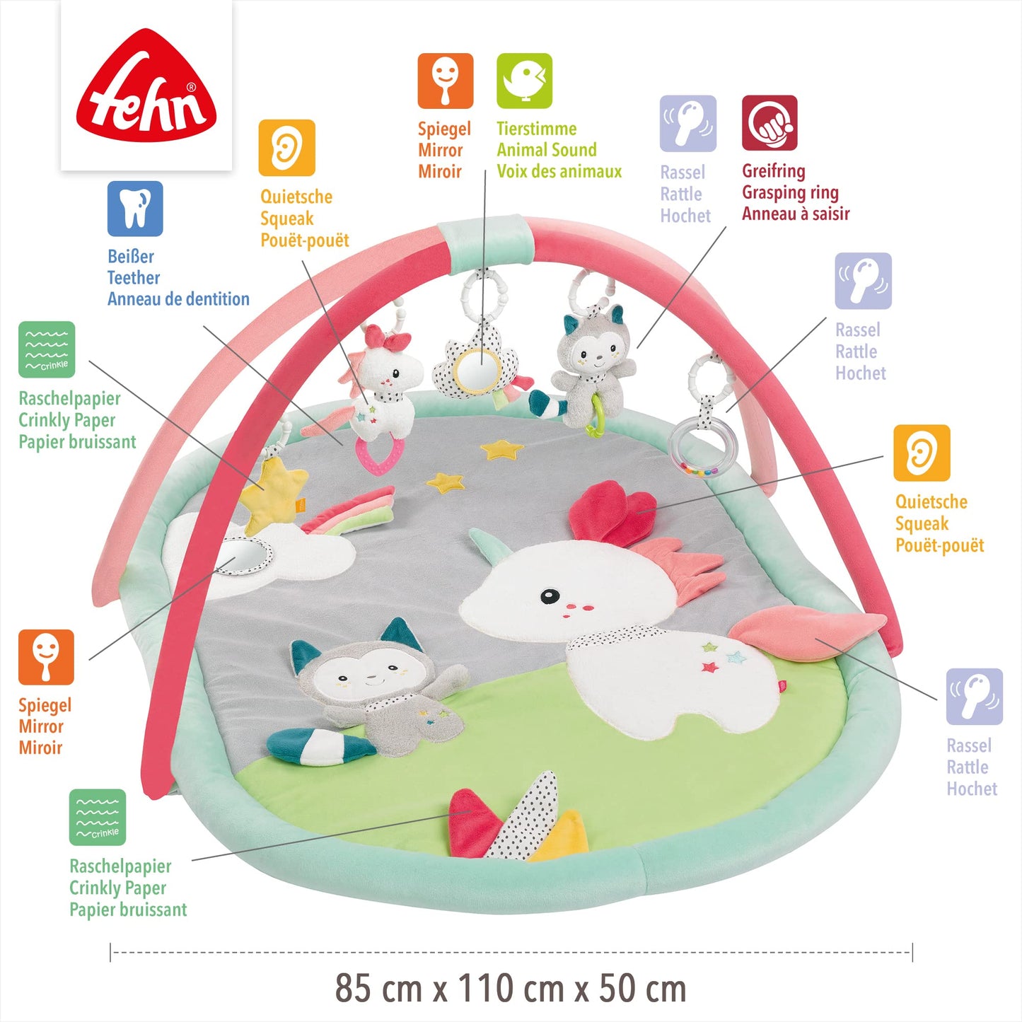 Fehn 3-D-Activity-Decke Spielbogen Peru – Baby Krabbeldecke mit 5 abnehmbaren Spielzeugen zum Greifen – Spieldecke für Babys und Kinder ab 0+ Monaten – Krabbelmatte als Geschenk zur Geburt