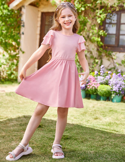 GRACE KARIN Girls Summer Dress Ruffle Short Sleeve Casual A-Line Princess Dress with Pockets Wedding Flower Girl Dresses 