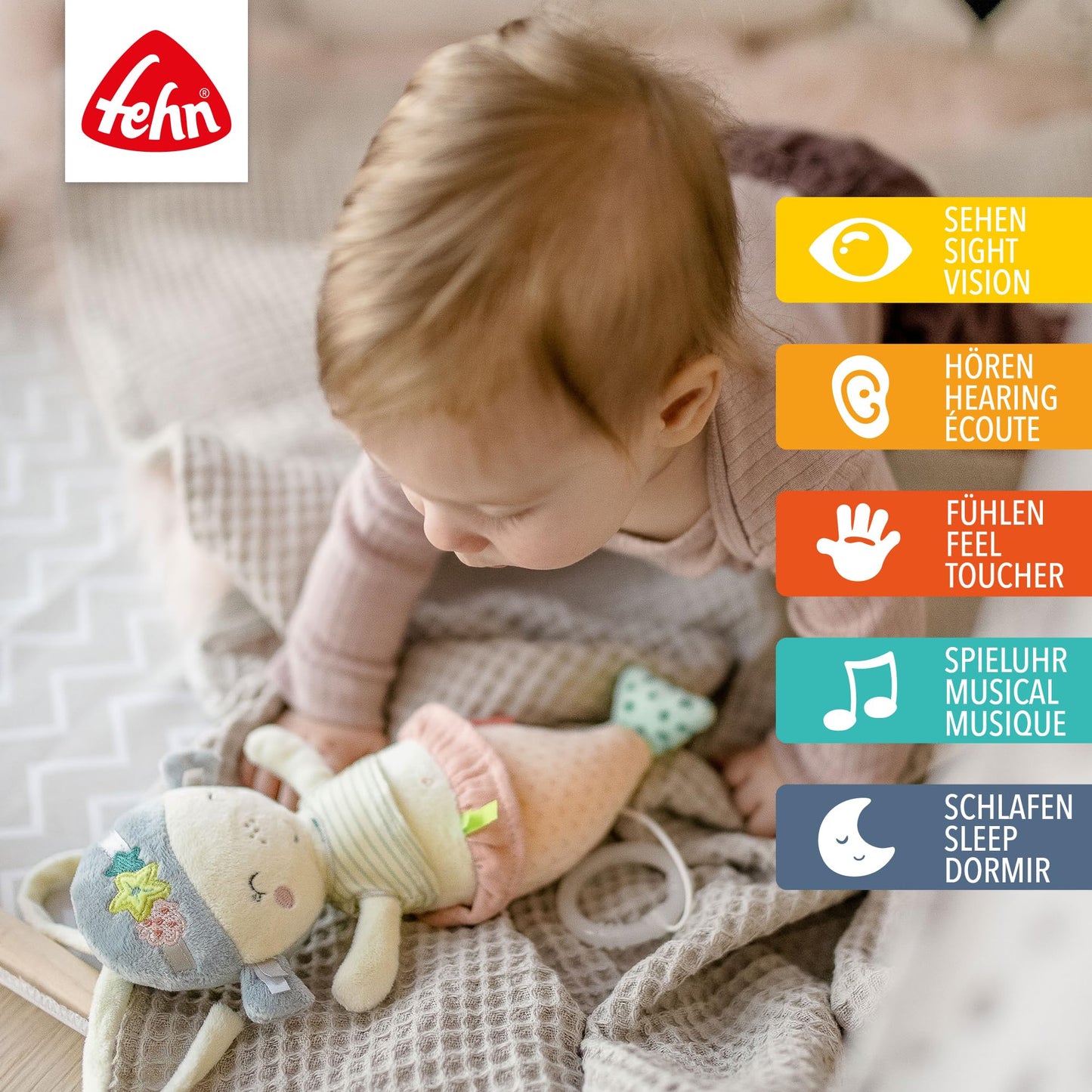 Fehn Spieluhr Baby Einschlafhilfe Schaf - Kuscheltier mit sanfter Einschlafhilfe Melodie "Guten Abend, gut´ Nacht" - Babyspielzeug für Unterwegs und Zuhause - Musikspielzeug für Babys und Kleinkinder