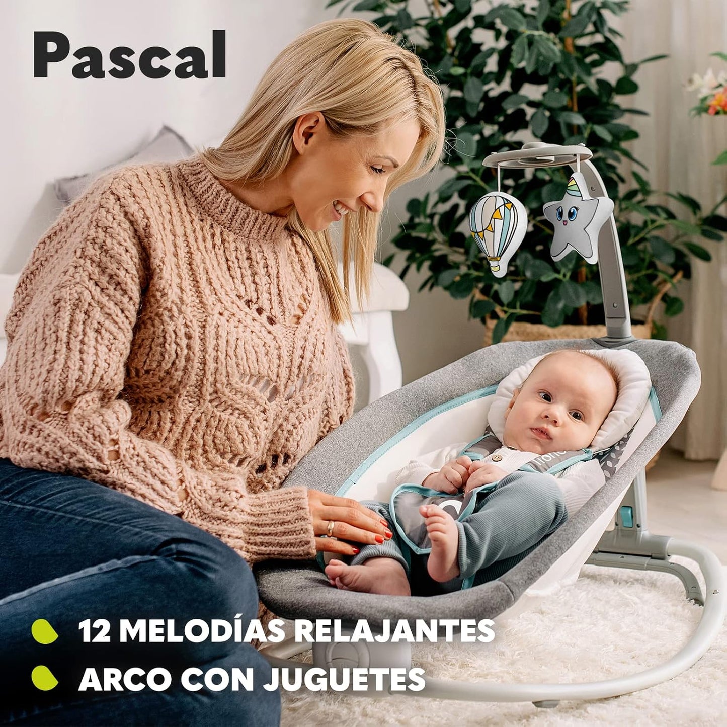 LIONELO Pascal Baby Rocker, gentle vibrations, 5 melodies, toy carousel with interactive plush toys, head pillow, adjustable backrest, energy-saving system (GREY DOVE) 