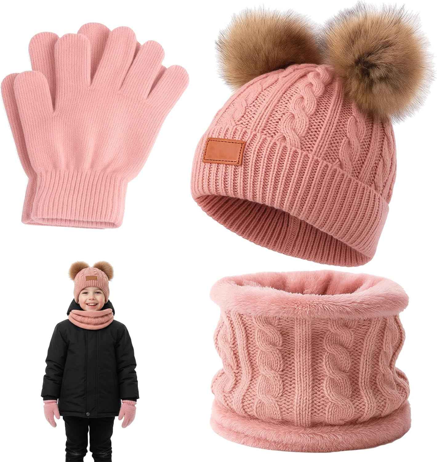 Hat Scarf Set Girls, Winter Hat Girls, Winter Hat Children, Scarf and Hat Set Hat Girls 6 Years, 4-Piece Set in Soft Pink