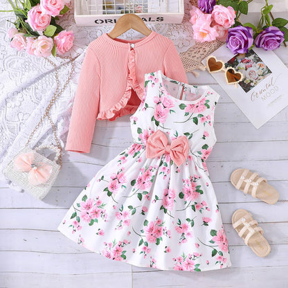 Yanmucy Kleine Mädchen Kleider mit Strickjacke Sets Baby Mädchen Kleider Kleinkind Kinder Langarm Ruffle Mantel Mädchen Kleidung für 2-8 Jahre