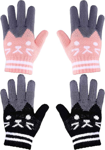 SATINIOR 2 Paar Winter Kinder Handschuhe Katze Fäustlinge Warme Gestrickte Handschuhe für 6-12 Jahre, Schwarz und Rosa