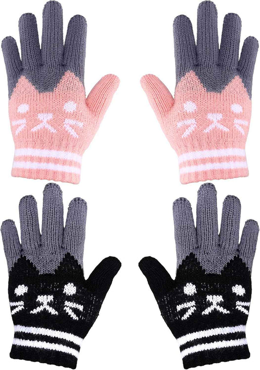 SATINIOR 2 Paar Winter Kinder Handschuhe Katze Fäustlinge Warme Gestrickte Handschuhe für 6-12 Jahre, Schwarz und Rosa