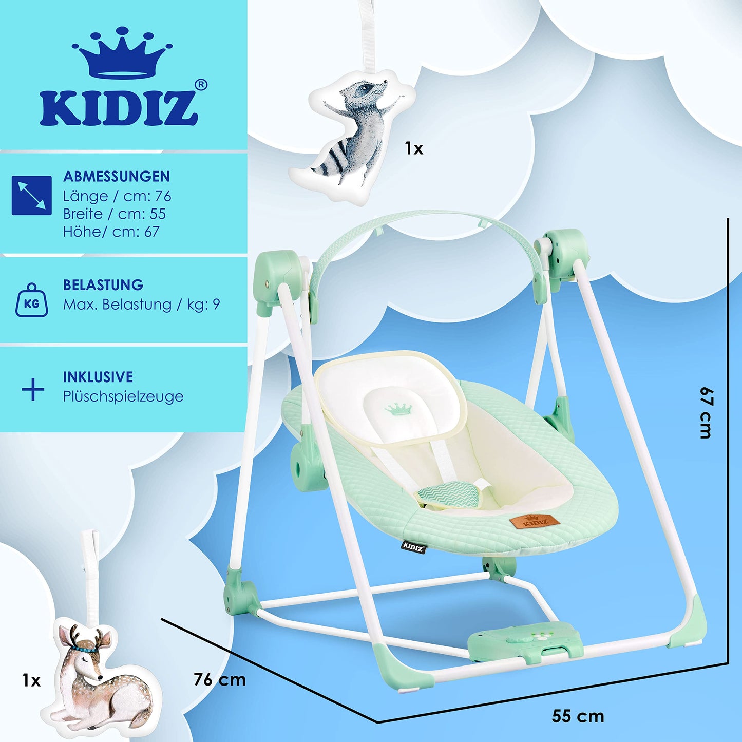 KIDIZ® Baby Rocker Baby Swing with 5 Speed Settings Foldable Baby Rocker Swing Baby High Chair with Play Arch Toys 5 Soothing Natural Sounds Newborn Anthracite