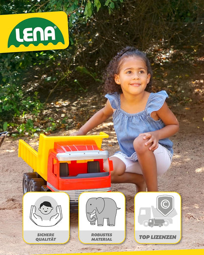 Lena 02031 - Strong Giant Dump Truck Mercedes Benz Actros, Dump Truck Approx. 63 cm, Large Dump Truck with 3 Axles and Lockable Dump Body, Robust Construction Site Toy Vehicle for Children from 3