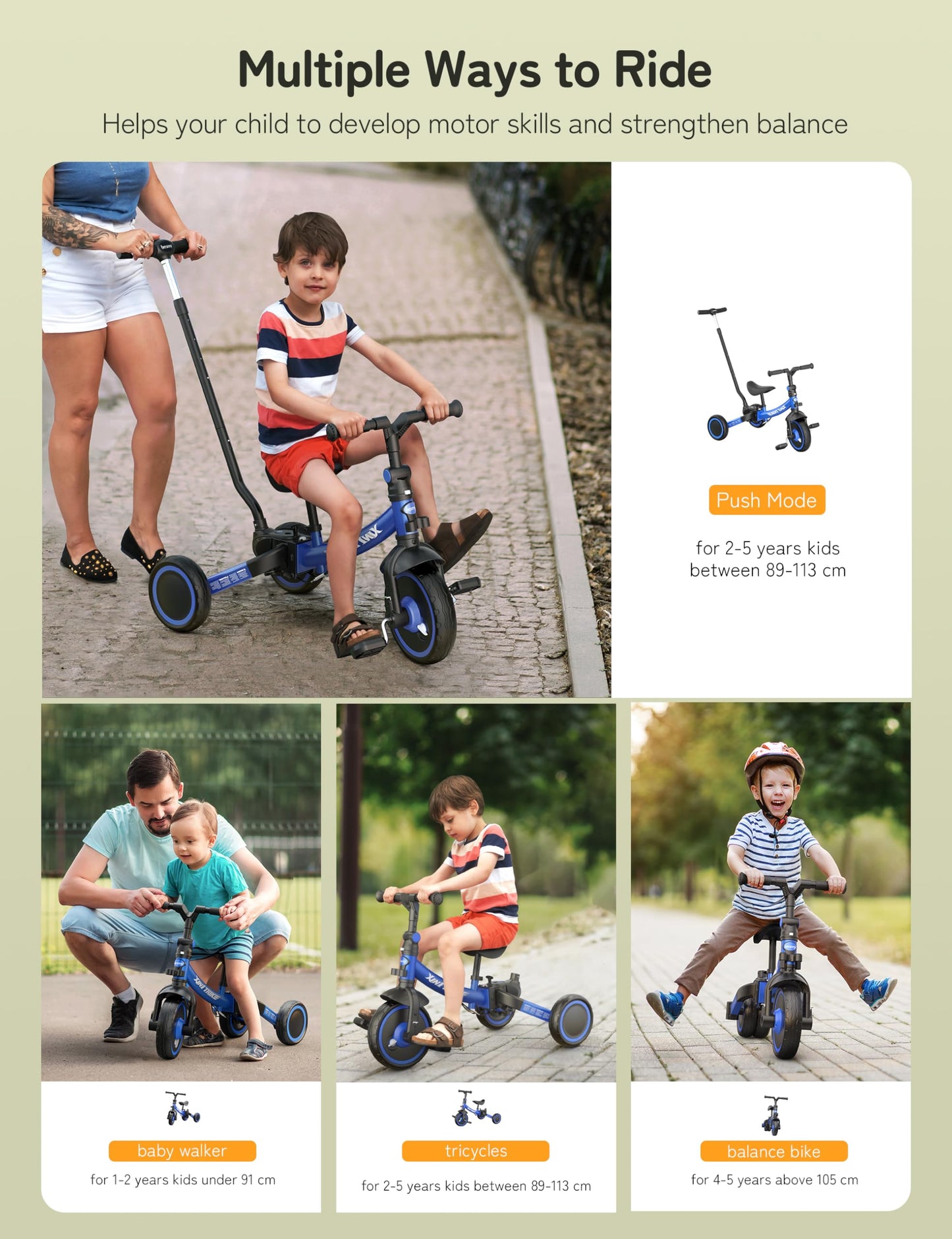 besrey 5 in 1 Laufräder Laufrad Kinderdreirad Dreirad Lauffahrrad Lauflernhilfe für Kinder ab 1 Jahre bis 4 Jahren (Schwarz) - Meloni2