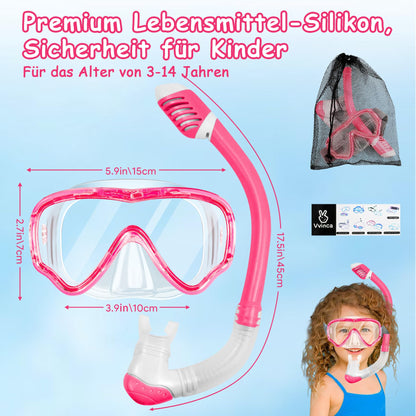 Vvinca Snorkel Set Children from 4-14 Years Diving Goggles with Snorkel Diving Set Girls Boys 180° Anti-Fog Anti-Leak Adjustable Elastic Swimming Goggles Snorkel Mask Dry Snorkel Pink