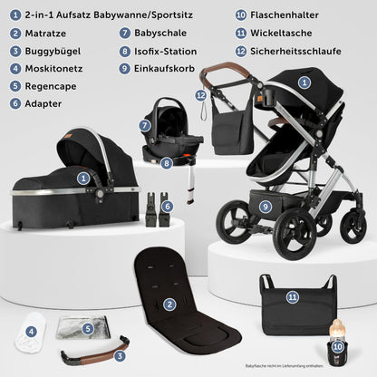 Bergsteiger Nizza 3 in 1 Kinderwagen, Kombikinderwagen Komplettset, Auto-Babyschale & Isofix Station, Babywanne & Buggy Sportsitz inklusive
