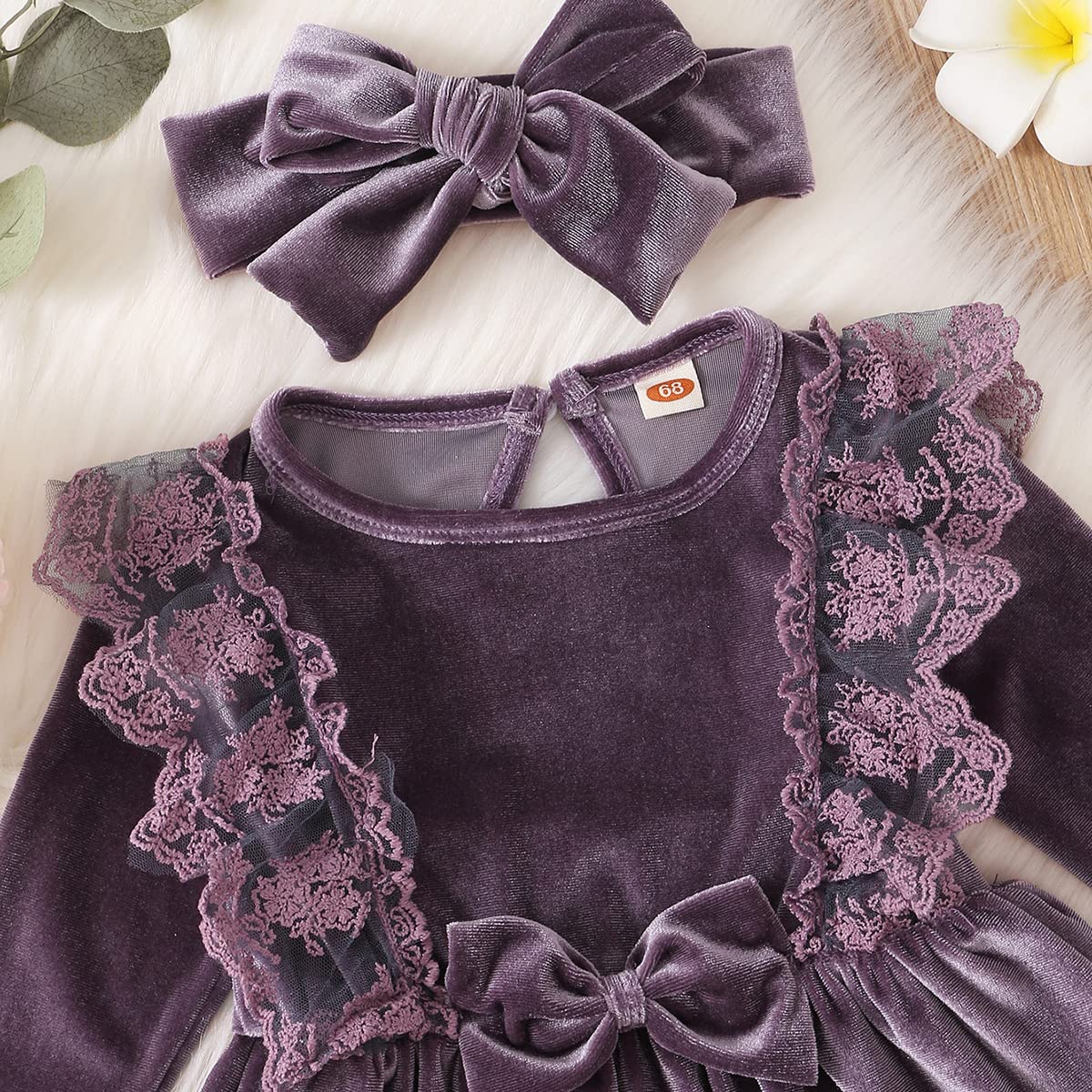 Baby Dress Girls Long Sleeve Lace A Line Princess Velvet Dress + Headband Wedding Festive Autumn Winter Clothing