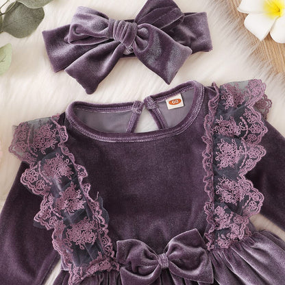 Baby Dress Girls Long Sleeve Lace A Line Princess Velvet Dress + Headband Wedding Festive Autumn Winter Clothing