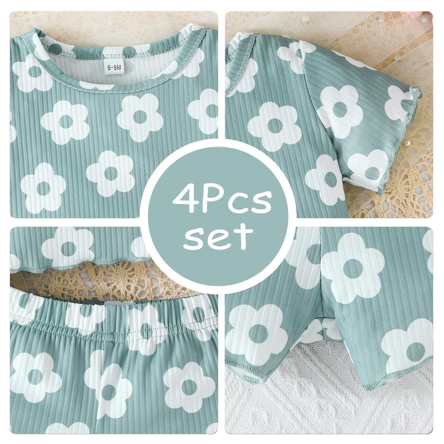 Kleinkind Baby Mädchen Kleidung Set Rüschen gerippt Kurzarm / Langarm T-Shirt Tops + Shorts Hosen 4 Stück Sommer Herbst Süße Outfits Set