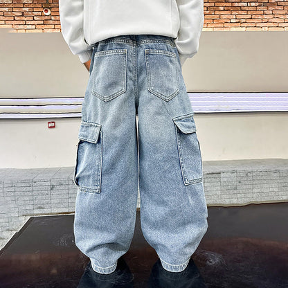 Children's Baggy Jeans Boys Wide Leg Jeans Loose Fit Denim Vintage Trousers Casual Wide Leg Jeans Streetwear Outdoor Vintage Loose Fit Baggy Jogging Bottoms Boys Black Trousers Cargo Trousers Pants