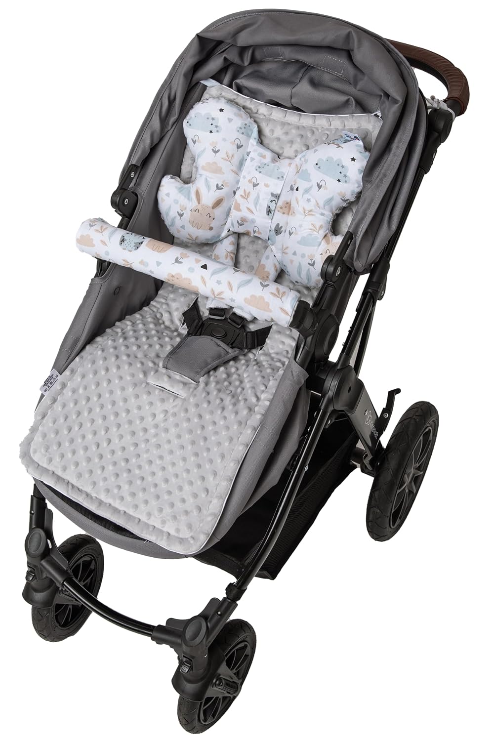 Sitzauflage Kinderwagen Buggy Baby Sommer Kindersitz Einlage Universal - 5tgl Gurtpolster + Spielbogen Kinderwagenset Babyschale (Safari mit beige Minky)
