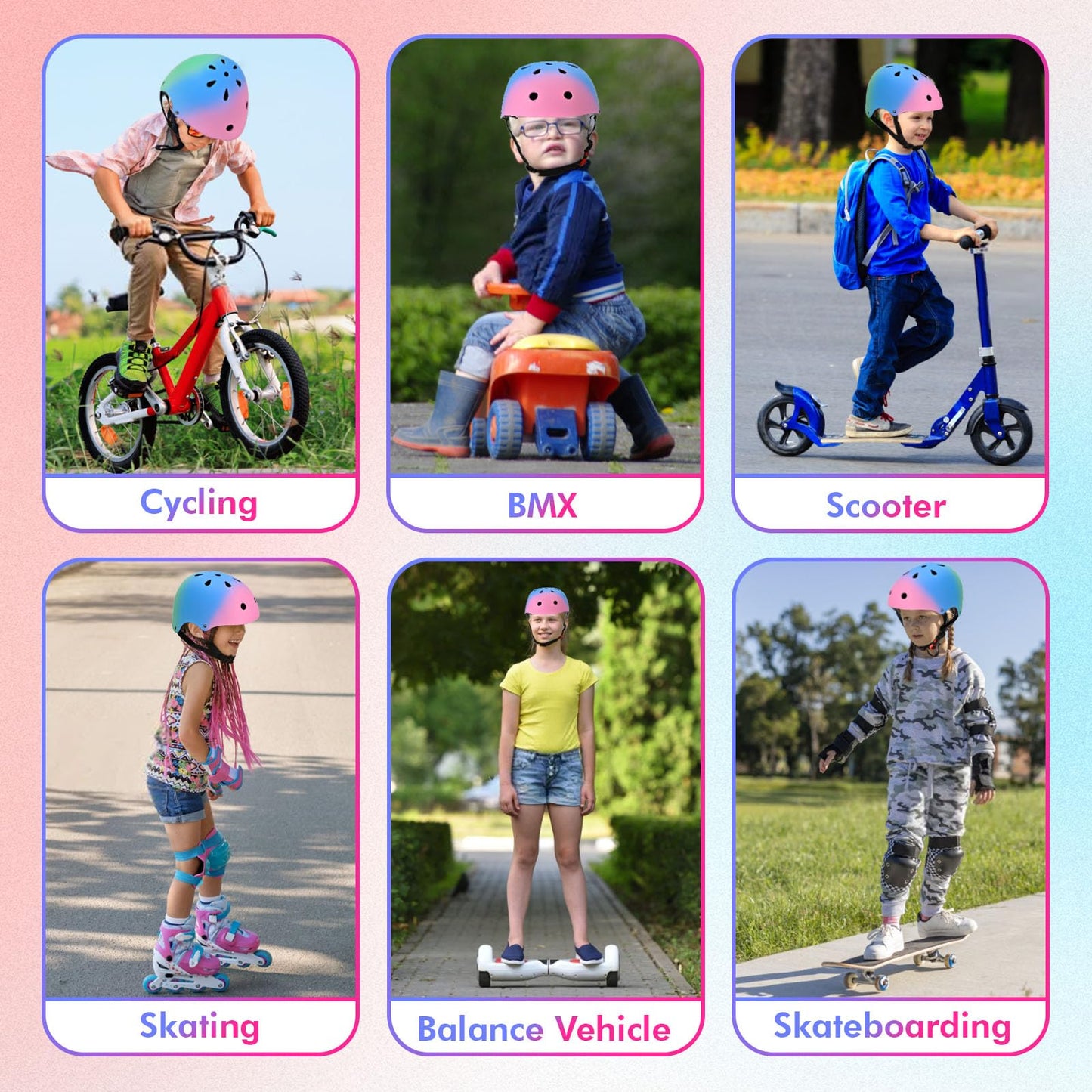 LOKJIJI Verstellbarer Kinder Fahrradhelm Skaterhelm für Mädchen Jungen Kinder Jugend, Farbe Farbverlauf Kinder Schutzhelme für Multi-Sportarten Fahrrad Skateboard Skaten