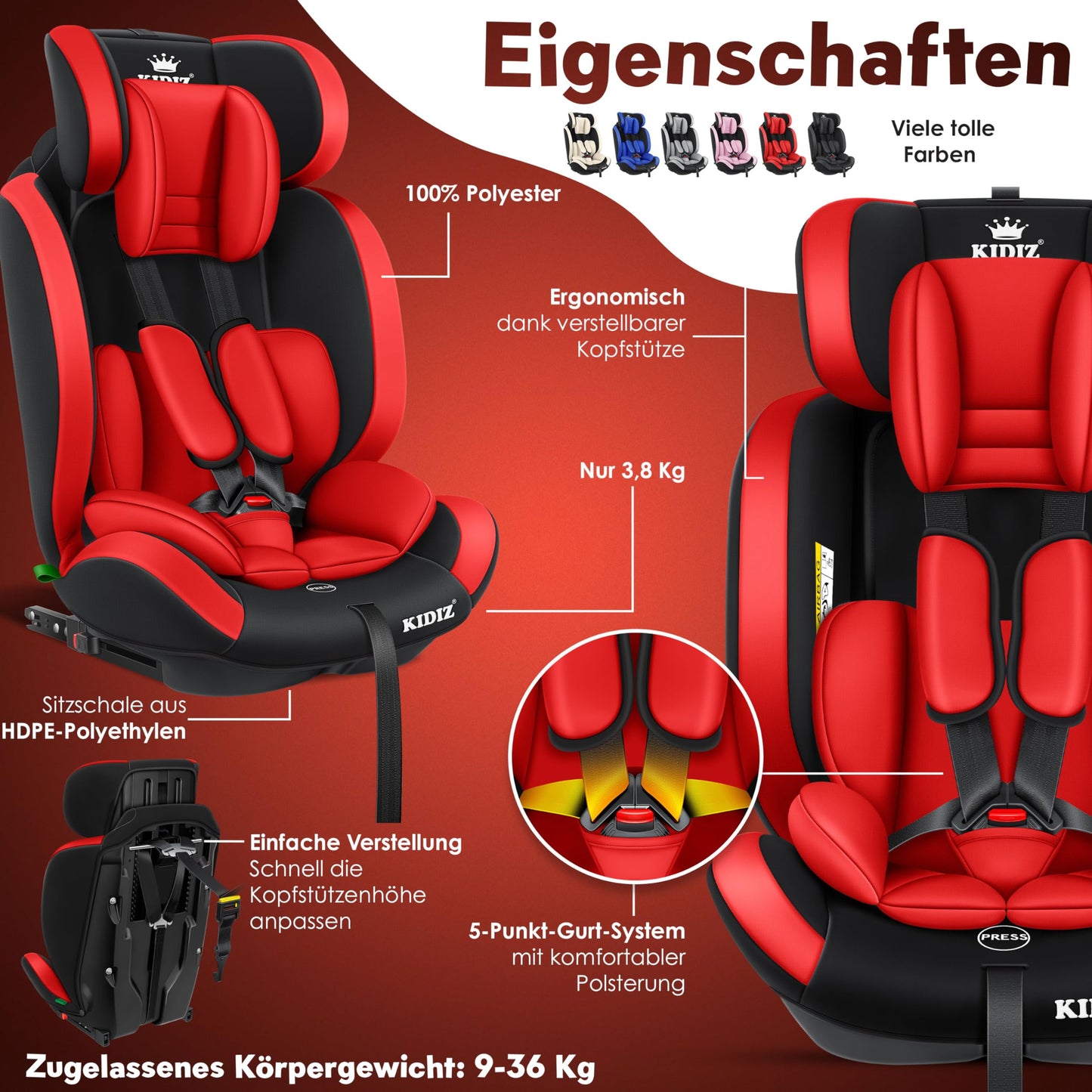 KIDIZ® Autokindersitz Kinderautositz Gruppe 1+2+3 9-36 kg 5-Punkt-Sicherheitsgurt, Autositz, Kindersitz, Einstellbare Kopfstütze, Mitwachsende Sitzerhöhung 1-12 Jahre, Stabil und Sicher - Meloni2