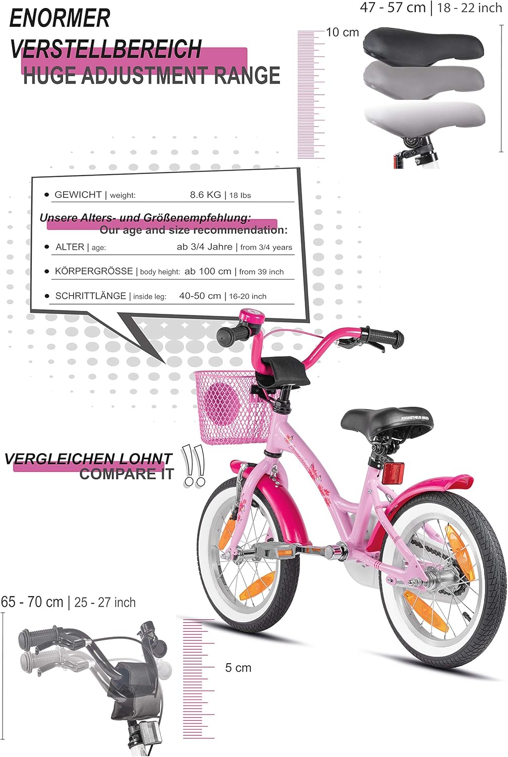 PROMETHEUS BICYCLES Kinderfahrrad ab 4 Jahren - Mädchenfahrrad 14 Zoll Kinder Fahrrad Mädchen Fahrrad Kinder mit Stützräder Rücktrittbremse in Rosa - Meloni2