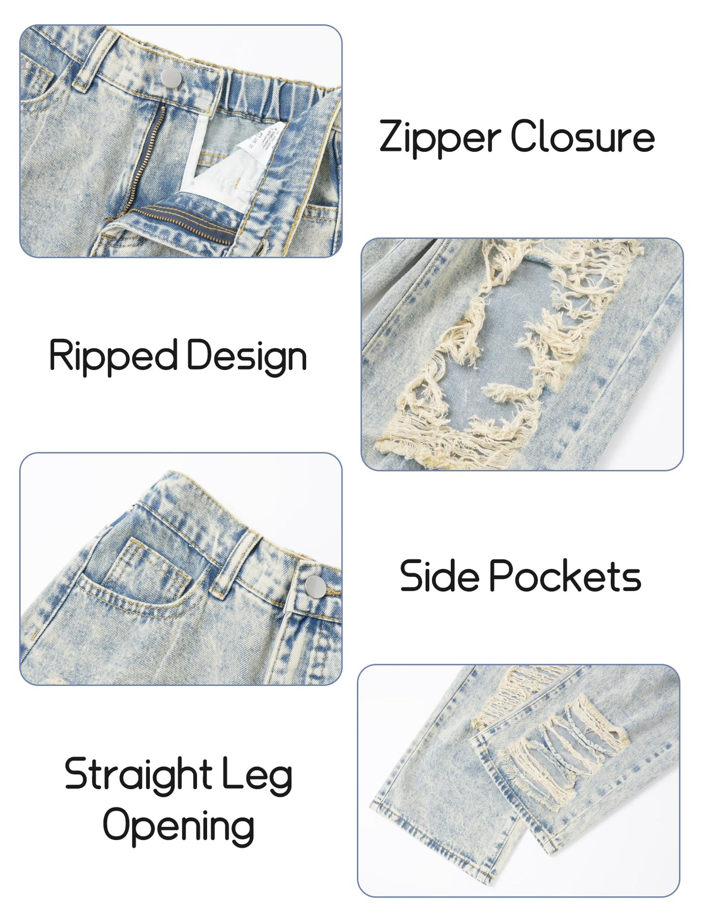 Happy Cherry Mädchen Jean Hosen Loch Wash Denim Blau Hose Kinder Elastische Taille Vintage Jeans Weites Bein Jeanshosen 130-160