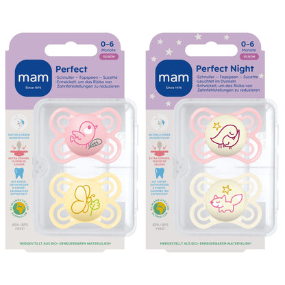 MAM Perfect Day & Night Schnuller | 0-6 Monate | Babyschnuller für Neugeborene | 94% Akzeptanz | beugt Zahnfehlstellungen vor | mit Zahnmedizinern entwickelt| SkinSoft Silikon | Vogel/Fuchs | 4 Stück - Meloni2