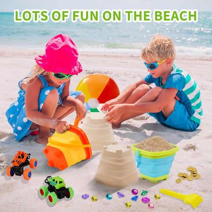 Echehi Sand Toy Set for Boys Girls 30 Pieces, Sandpit Toy Beach Toy with Folding Bucket, 16 Inch Water Ball, Monster Truck, Gemstones, Summer Toy for Indoor and Outdoor Use